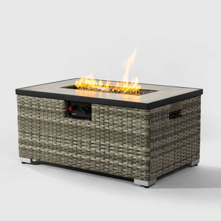 32" Propane Gas Fire Pit Table with Propane Tank Cover 2-Pieces, 50000 BTU Rectangular Steel Fire Pit with Beautiful Wicker Base for Outside Garden-Beige/Dark Gray