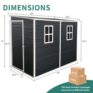 8x4 FT Outdoor Resin Garden Shed with Floor and 2 Windows, Plastic Patio Outdoor Storage Shed with Lockable Door for Garden Tools, Bicycles, Trash Cans, Black