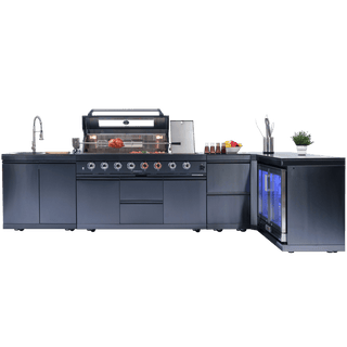 58" Outdoor Kitchen Island with 6-Burner 96,000 BTU Grill, Fridge, Rotisserie & Granite Countertops
