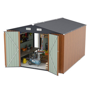 Outdoor Storage Shed 9×11 FT with 3 Lockable Doors,Utility Tool Shed Metal Storage Garden Sheds 4 Vents,Metal Sheds with Galvanized Steel Frame,for Backyard,Patio,Lawn,yellow