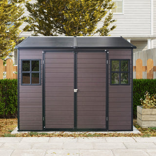 8 x 6 ft Resin Outdoor Storage Shed Waterproof Shed with Floor & Two Windows & Lockable Door, Tool Shed for Garden, Patio, Backyard,Grey/Black/White+Gray/Brown