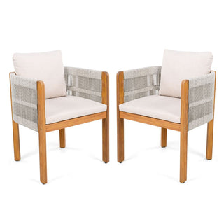 Acacia Wood Outdoor Dining Chairs 2-Pack with Mix White Rope Handles, Washable Waterproof Brown/Grey/Beige Cushions, 400 lbs Capacity