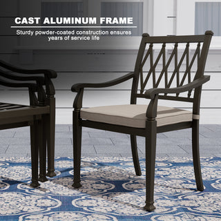 5-Piece Outdoor Patio Dining Set, Cast Aluminum 48" Round Table with Umbrella Hole and 4 Upholstered Chairs