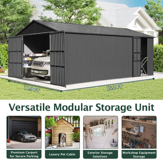 Outdoor Metal Garage Shed, Extra Large Metal Carport with Lockable Double Hinged Doors, Heavy Duty Car Shelter for Car, Truck, Motorcycle and Lawn Equipment, Grey