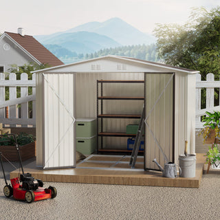 10x8 FT White Aluminum Garden Shed with Foundation, Outdoor Storage Shed with Hinge Door for Backyard