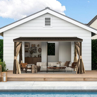 10x14 FT Wall-Mounted Lean-to Hardtop Gazebo with Gutters – Outdoor Metal Roof Patio Canopy, Durable Lean-to Pergola for Backyard & Deck
