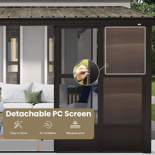Wall-Mounted Sunroom Lean-To Solarium with Galvanized Steel Roof, Lockable Sliding Door & Detachable PVC Screen for Patio Deck