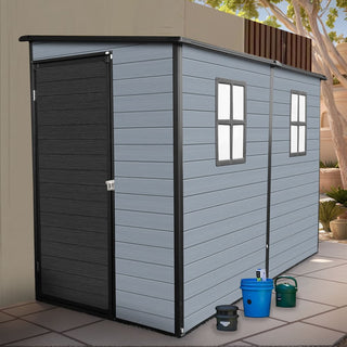 4x8 FT Outdoor Resin Storage Shed with Floor, 2 Windows & Lockable Door – Plastic Garden Shed for Tools, Bikes & Trash Cans