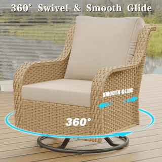 6-Piece PE Wicker Patio Conversation Set with Sofa, 2 Swivel Rocking Chairs, 2 Ottomans & Side Table
