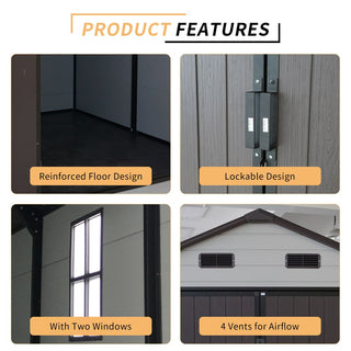 Outdoor Resin Storage Shed with Windows, Strong Aluminum Frame & Floor for Garden, Backyard Organization (White+Brown)