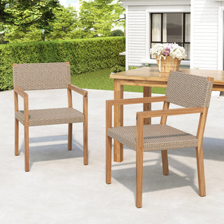 Outdoor Dining Chairs Set of 2, Light Teak Acacia Wood Frame and Multi Light Brown PE Wicker