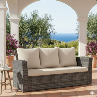 67.7" All-Weather Wicker 3-Seat Patio Sofa with Thick Blue/Biege/Gray/Black Cushions & Black Frame