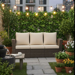 67.7" All-Weather Wicker 3-Seat Patio Sofa with Thick Blue/Biege/Gray/Black Cushions & Black Frame