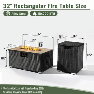 32" Propane Gas Fire Pit Table with Propane Tank Cover 2-Pieces, 50000 BTU Rectangular Steel Fire Pit with Beautiful Wicker Base for Outside Garden-Beige/Dark Gray
