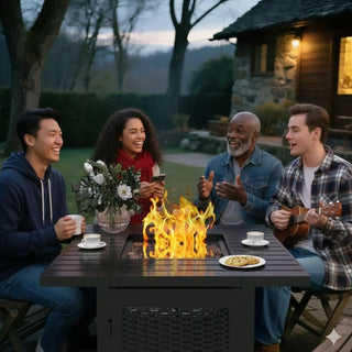 30”Width Outdoor 2-in1 Black Rattan Look Fireplace Table, 50000 BTU CSA Certified Propane Square Gas Fire Pit Table with Stainless Burner, Lid, Lava Rocks and Waterproof Cover