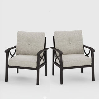 Set of 2 All-Weather Metal Armchairs, Black/Khaki Frame with Gray/Beige Cushions