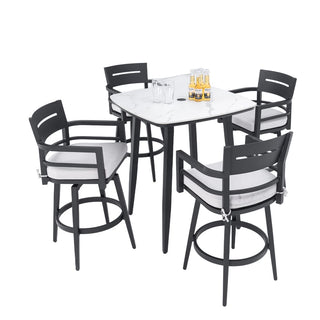 5-Piece Outdoor Patio Swivel Bar Set with Marble-Style Stone Table & Aluminum Swivel Bar Stools