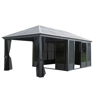 11x21FT Outdoor Sunroom, All Season Solarium Gazebo with Galvanized Steel Roof, Detachable PE Screen, 2 Lockable Sliding Door, Hardtop Gazebo with Netting and Curtains for Patio Deck Garden