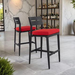Modern 2-Piece Outdoor Aluminum Bar Stools with Sunbrella Cushions – Ergonomic Patio Bar Chairs in Black/Beige/Red