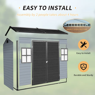 8x4ft Outdoor Resin Garden Shed with Floor and 2 Windows, Plastic Patio Outdoor Storage Shed with Lockable Door for Garden Tools, Bicycles, Trash Cans, Gray+Black