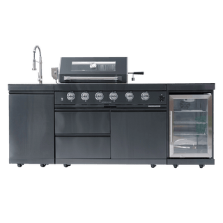 46-Inch Deluxe Outdoor Kitchen BBQ Island Grill, 4-Burner 72,000 BTU Stainless Steel with Wine Cooler, Refrigerator, Rotisserie Kit, Granite Countertop & Sink