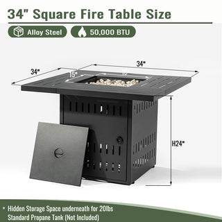 34" Propane Gas Fire Pit Table, 50000 BTU Rectangular Steel Fire Pit for Outside Patio Deck Garden Courtyard- Black