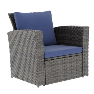 4-Piece Wicker Patio Conversation Set With Glass Table and Blue/Black/Gray Cushions