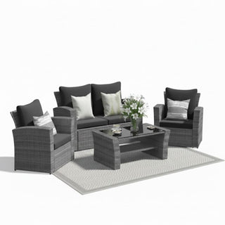 4-Piece Wicker Patio Conversation Set With Glass Table and Blue/Black/Gray Cushions