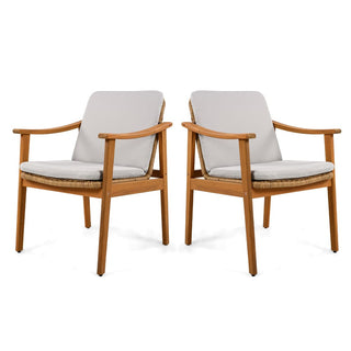 Outdoor Dining Chairs Set of 2, Teak Color Acacia Wood Frame, Brown PE Wicker, Grey Waterproof Cushion