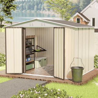 10x8 FT White Aluminum Alloy Garden Shed with Hinge Door, Outdoor Storage Shed for Backyard, Patio