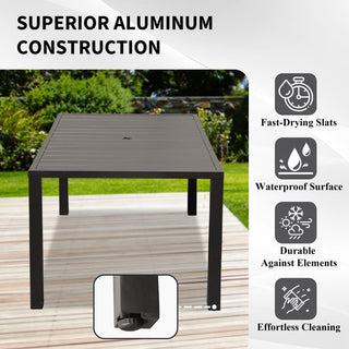 Square Outdoor Dining Table for 4 | Slatted Metal Patio Table with Umbrella Hole for Garden, Deck, Lawn & Backyard (Brown)