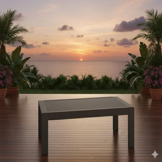 43" x 24" All-Weather Metal Outdoor Coffee Table with Wood-Look Top and Khaki/Black Frame