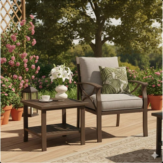 19" Square Black/Brown Metal Outdoor Side Table, 2-Tier All-Weather Patio End Table
