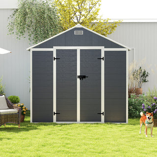 8X8 FT resin storage shed, high quality pp material with Lockable Door, strong structure, waterproof, rust and UV proof, large storage space, 12mm thick pp board, HD window lighting