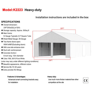 22ft x 23ft Double Garage Steel Barn Shed – Heavy-Duty Cream Metal Storage Garage