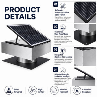 12-Inch Stainless Steel Solar Roof Vent Fan, 40W Tilt-Adjustable Panel, 1200 CFM Dual-Power Attic Ventilator with 3-Speed Remote