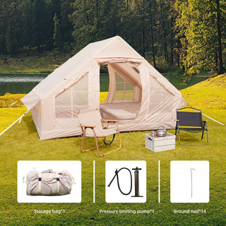 Inflatable Camping Tent with Hand Pump, 4-Season Waterproof & Windproof Air Glamping Cabin Tent with Mesh Windows and Chimney Vent