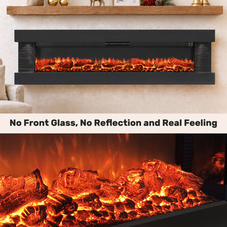 50"/60"/72" Wall-Mounted Electric Fireplace with Suspended LED Lighting, Modern Indoor Fireplace for Living Room