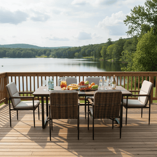 7-Piece Outdoor Patio Dining Set with Wooden Table & Umbrella Hole | 6 Wicker Chairs with Aluminum Frame & Olefin Cushions