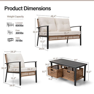 4-Piece Oversized Wicker Patio Conversation Set with Cushions & 2-Tier Storage Coffee Table for Outdoor Living