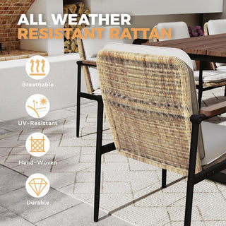 7-Piece Outdoor Patio Dining Set with Wooden Table & Umbrella Hole | 6 Wicker Chairs with Aluminum Frame & Olefin Cushions