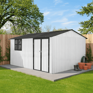 12x10 FT Metal Garden Shed Outdoor Storage with Window, Heavy Duty Steel Tool Shed for Backyard, Patio, Lawn – Available in White/Black/Grey/Brown