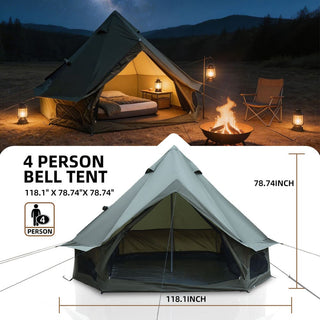 9.8FT 4-Season Bell Tent, Waterproof Glamping Yurt Tent with Stove Jack, Green/Beige Canvas Family Camping Tent for 4 Persons Outdoor Camping & Parties