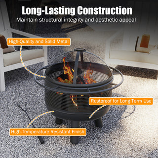 24 Inch Wood Burning Fire Pit with Log Grate and  Mesh Screen for Outside