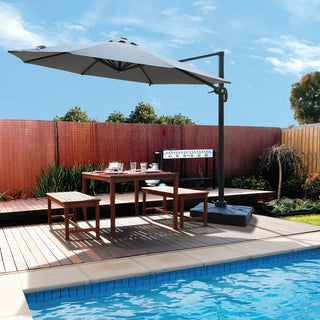 11ft Solar LED Cantilever Patio Umbrella with Base – Offset Outdoor Umbrella with Crank Lift (Grey)