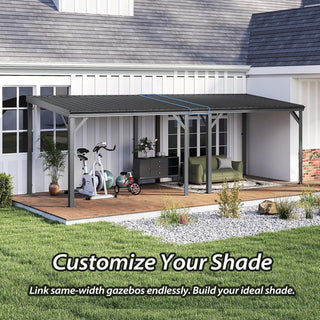 Wall-Mounted Hardtop Lean-to Gazebo with Gutters – Galvanized Steel Roof Outdoor Pergola Canopy