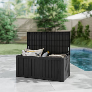 120-Gallon Resin Outdoor Deck Box with Lockable Lid, Patio Storage Bench for Cushions & Pillows – Black/Light Brown