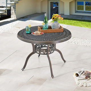 40" Round Cast Aluminum Outdoor Dining Table in Antique Bronze/White with 1.9" Umbrella Hole, Standard Height for Patio & Garden