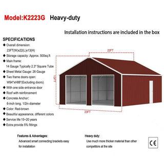 22ft x 23ft Double Garage Steel Barn Shed – Heavy-Duty Red-Brown Metal Storage Garage