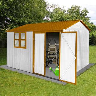 Mondawe 10ft x 8ft Metal Garden Storage Shed with Window, White+Yellow/White+Coffee Outdoor Tool Shed for Backyard